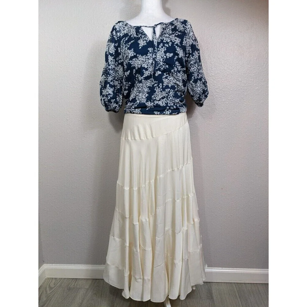 Abercrombie Fitch Shirt Womens Small Navy Blue White Floral Peasant‎ Blouse Boho